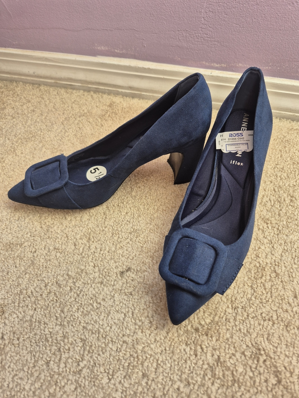 Anne Klein Navy Suede Pointed-Toe Buckle Pumps